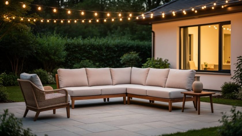 Modular outdoor patio seating with plush cushions, woven wicker accents, and warm string lights creating an indoor-style outdoor living room.