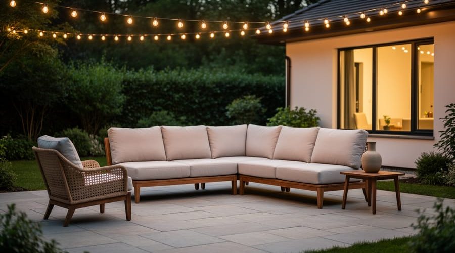 Modular outdoor patio seating with plush cushions, woven wicker accents, and warm string lights creating an indoor-style outdoor living room.