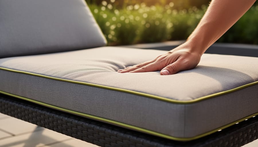 Plush outdoor cushions made with performance fabric, showing detailed weave and water-resistant finish