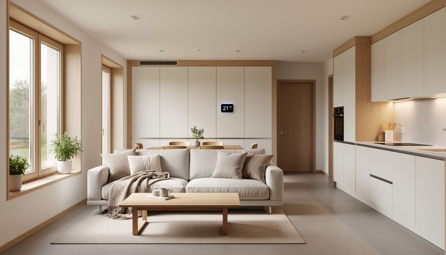 Bright interior of a smart passive house with large windows and subtle smart-home hardware