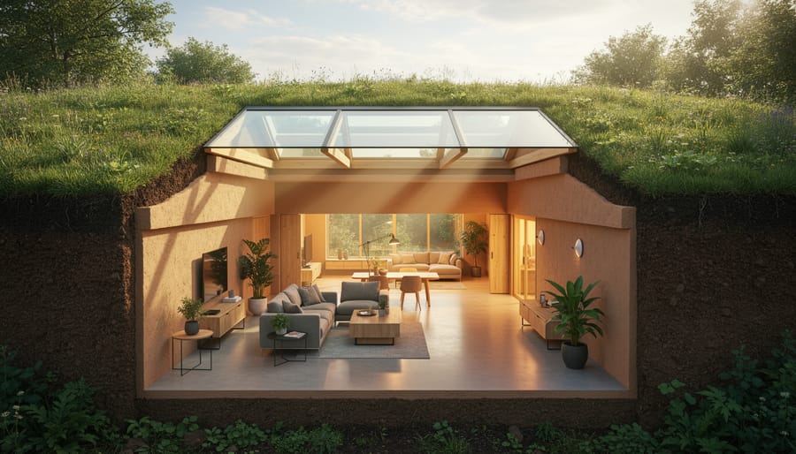 Daylit interior of an underground eco-dwelling with skylights and natural stone walls