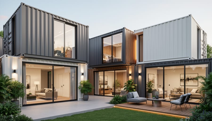 Upcycled shipping container home with modern windows and warm wood cladding