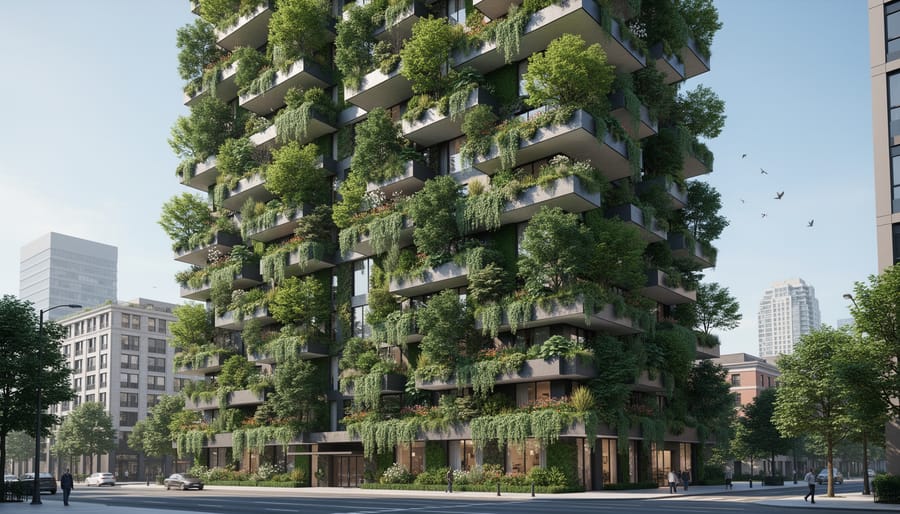 A building facade covered in dense vertical greenery resembling a vertical forest residence