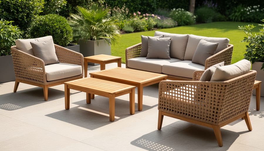 Close-up of woven wicker and teak patio furniture textures in soft daylight