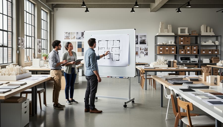 Interior designer aligning a scaled layout board on a drafting surface in a bright contemporary office