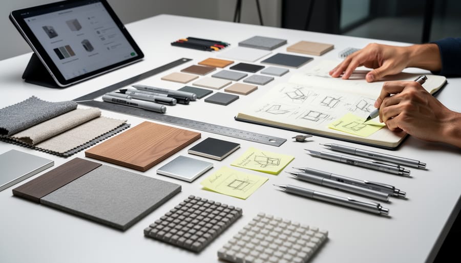 Close-up of interior design worktable with color swatches, fabric samples, and sketching tools