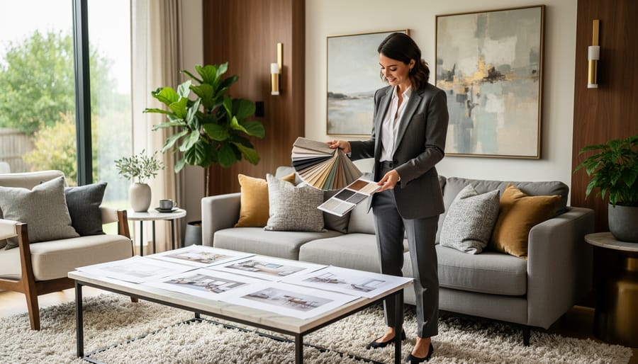 Interior designer holding a tablet and fabric swatch in a modern living room while reviewing design details