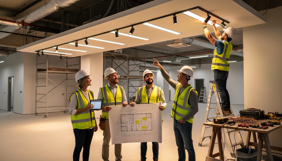 Lighting installation crew adjusting pendant and wall sconces in a modern dining space