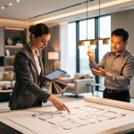 “Interior designers collaborating in a modern showroom, reviewing design materials and a lighting fixture while assessing a layout.”