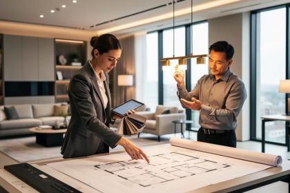 “Interior designers collaborating in a modern showroom, reviewing design materials and a lighting fixture while assessing a layout.”
