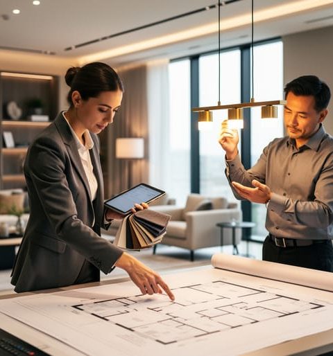 “Interior designers collaborating in a modern showroom, reviewing design materials and a lighting fixture while assessing a layout.”
