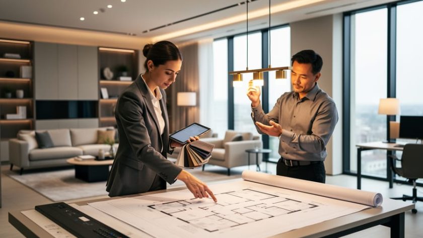 “Interior designers collaborating in a modern showroom, reviewing design materials and a lighting fixture while assessing a layout.”