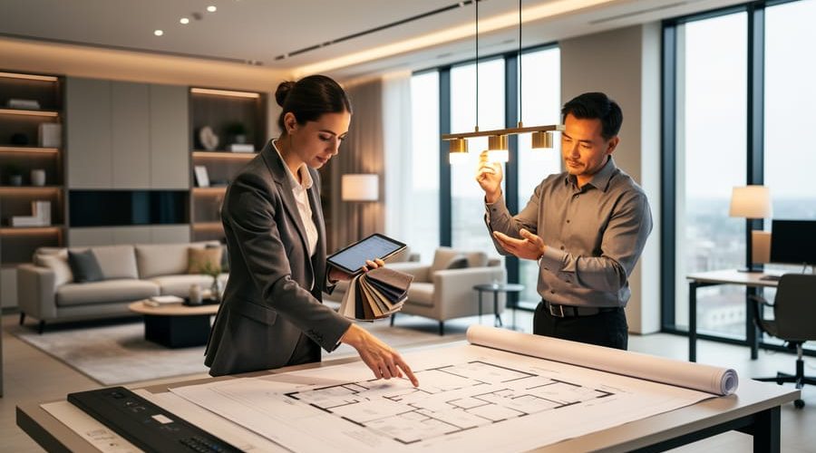 “Interior designers collaborating in a modern showroom, reviewing design materials and a lighting fixture while assessing a layout.”