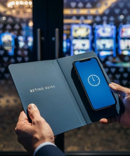 “Hands holding a closed betting guide near a casino entrance window with a smartphone showing a generic timer icon, while casino lights blur in the background.”