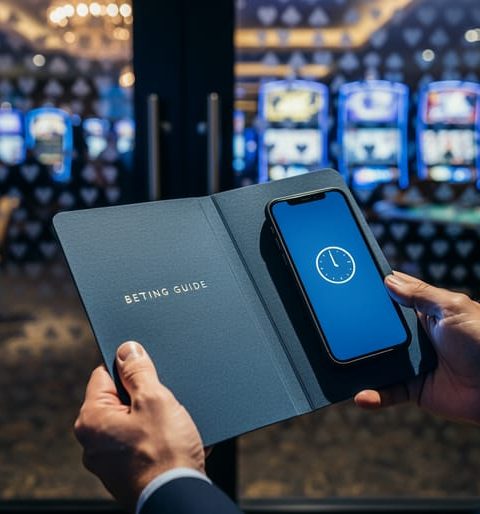 “Hands holding a closed betting guide near a casino entrance window with a smartphone showing a generic timer icon, while casino lights blur in the background.”