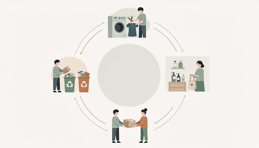 Person placing materials into recycling and compost-style containers in a home setting