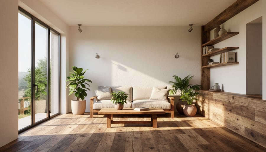 Sunlit living room with reclaimed wood shelving and natural linen upholstery