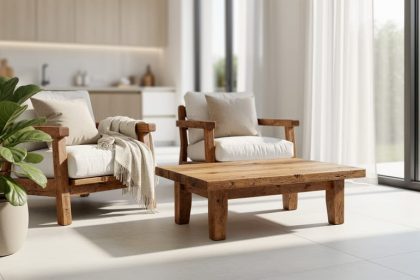 Sunlit sustainable living room interior featuring reclaimed wood furniture, natural linen textiles, indoor plants, and large windows with a softly blurred neutral kitchen background.