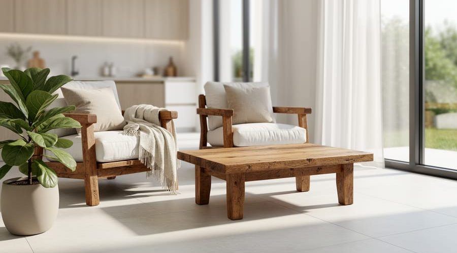 Sunlit sustainable living room interior featuring reclaimed wood furniture, natural linen textiles, indoor plants, and large windows with a softly blurred neutral kitchen background.